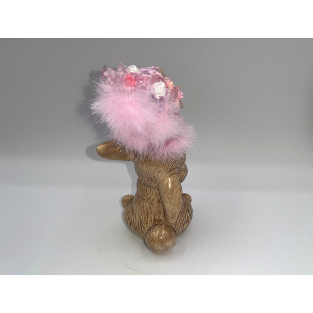 Vintage Ceramic Sitting Pretty Easter Bunny Poof Faux Fur Flower Hat Deb O. OOAK - Picture 9 of 16
